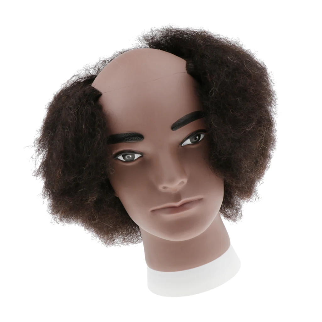 Male Bald Mannequin Head with 100% Human Hair, Curly Wig Display Styling Head, Use in Salon or Home or Travel