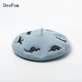 

DeePom Handmade Embroidery Dinosaur Pure Wool Beret Women Hats Cartoon Animal Warm Autumn Winter Hat Female Painter Cap