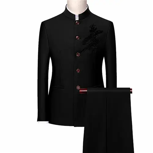 Men's White Single Breasted Stand Up Collar Suit 2-Piece, Chinese Style Red Slim-Fit Blazer Coat and Pants, Black, Blue, Yellow. - Image 13