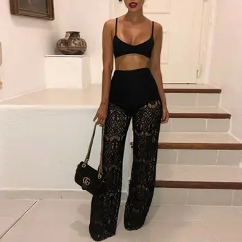 

NoEnName_Null Women Loose Lace Pants Lace Embroidered Long Casual Beach Pants Black High Waist Long Wide Lace Panel Flare Pants