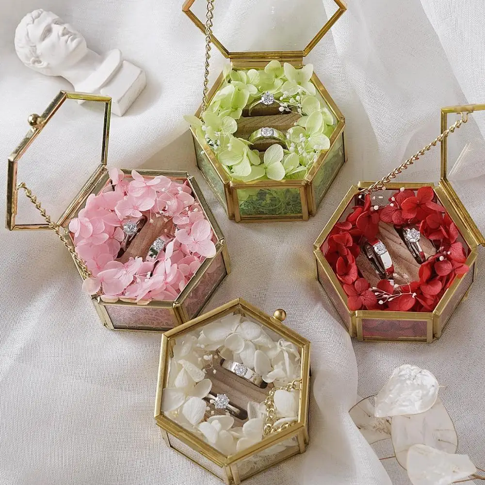 Brass Glass Treasure Box Gold Engagement Ring Bearer Box