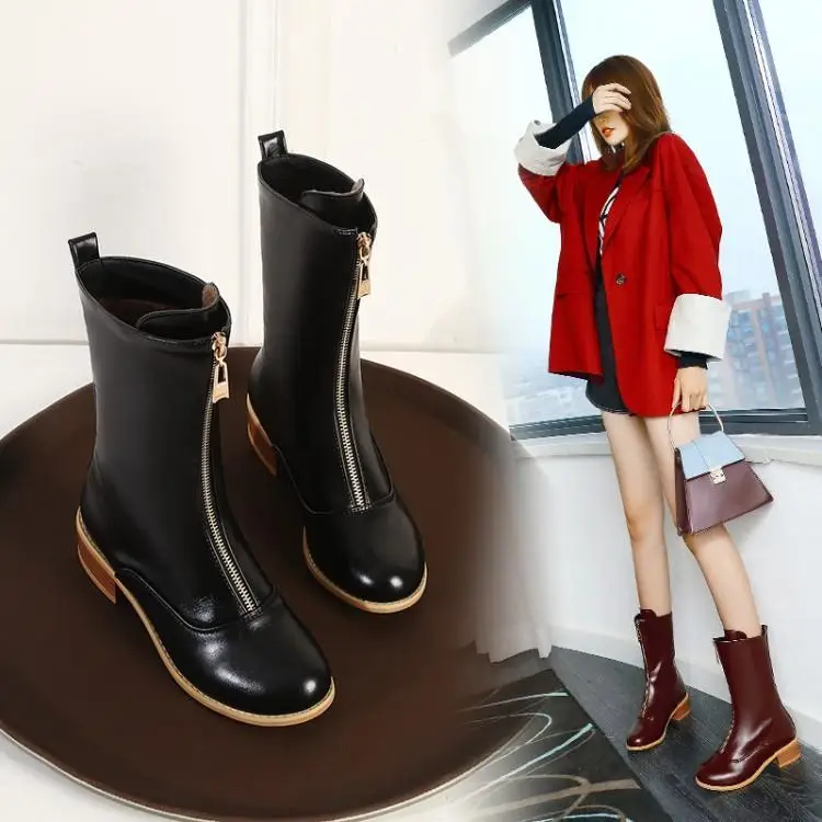 

Women Boots Fashion Shoes Spring-Autumn Boots Rubber Faux Fur Women's Boots Zapatos De Mujer Round Toe Square Heel Size 34-46