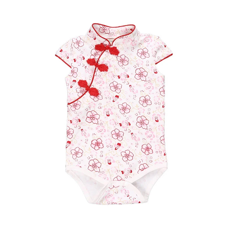 Baby Bodysuits are cool Baby Girls Cheongsam Short Sleeve Romper Outfit Chinese Flower Printed Qipao Jumpsuit One Piece Sleeveless Summer Festival Dress Newborn Knitting Romper Hooded  Baby Rompers