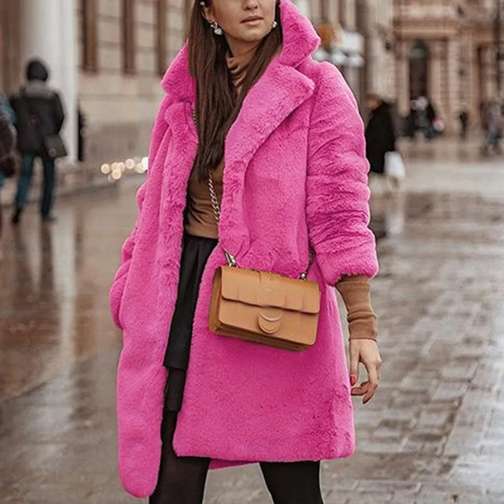 Зимнее Новое однотонное пальто из искусственного меха размера плюс, длинное пальто для офиса, дамские пушистые куртки с плюшевым мишкой, модное меховое пальто
