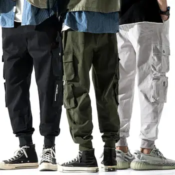 

Casual Men Solid Color Drawstring Multi-pockets Beam Pants Ankle Tie Trousers Male Spring Streetwear Overalls Sweatpants