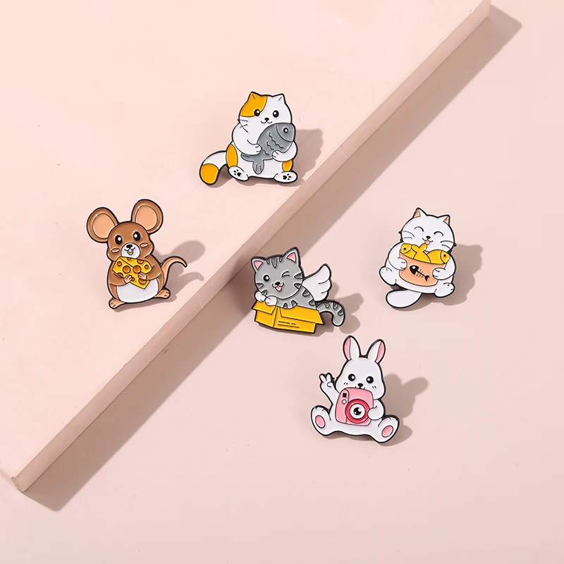 Cartoon Cheese Rat Enamel Pins Cute Cat Fish Mouse Bunny Classic Film And Animation Brooch Badge On Clothes For Friend Gifts