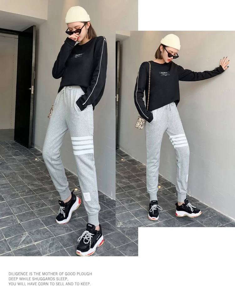 BIVIGAOS Four Bars Cotton Gray Sport Pants Women New Korean Casual Sweatpants Slim Joggers Pants Spring Autumn Sweat Pants