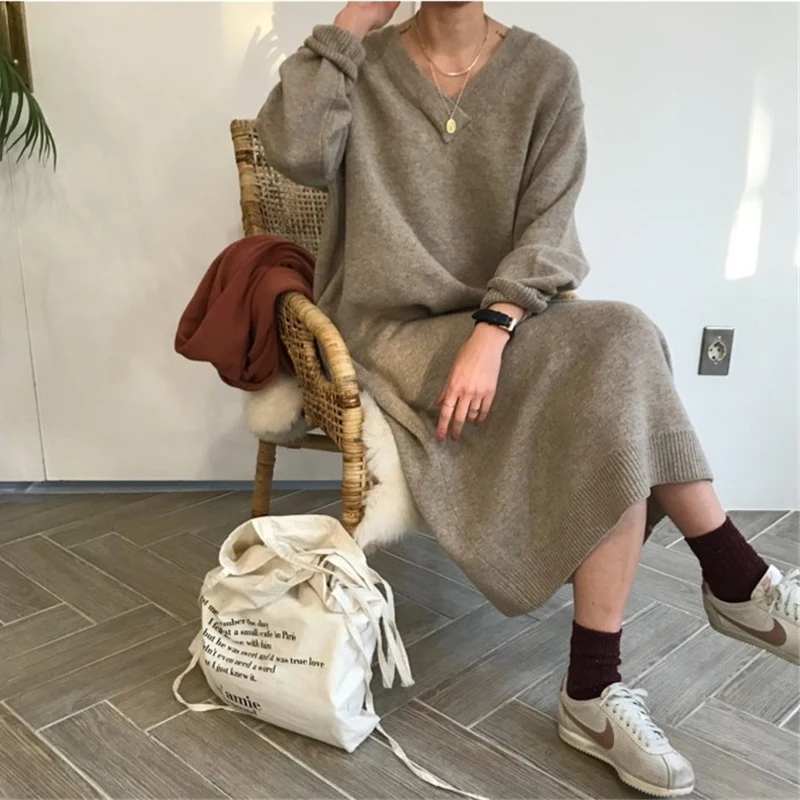Goede BGTEEVER Chic Oversize Dikke Lange Trui Jurk Vrouwen V hals Herfst Winter Straight Trui Jurk Vrouwelijke Toevallige Losse Gebreide Jurk
