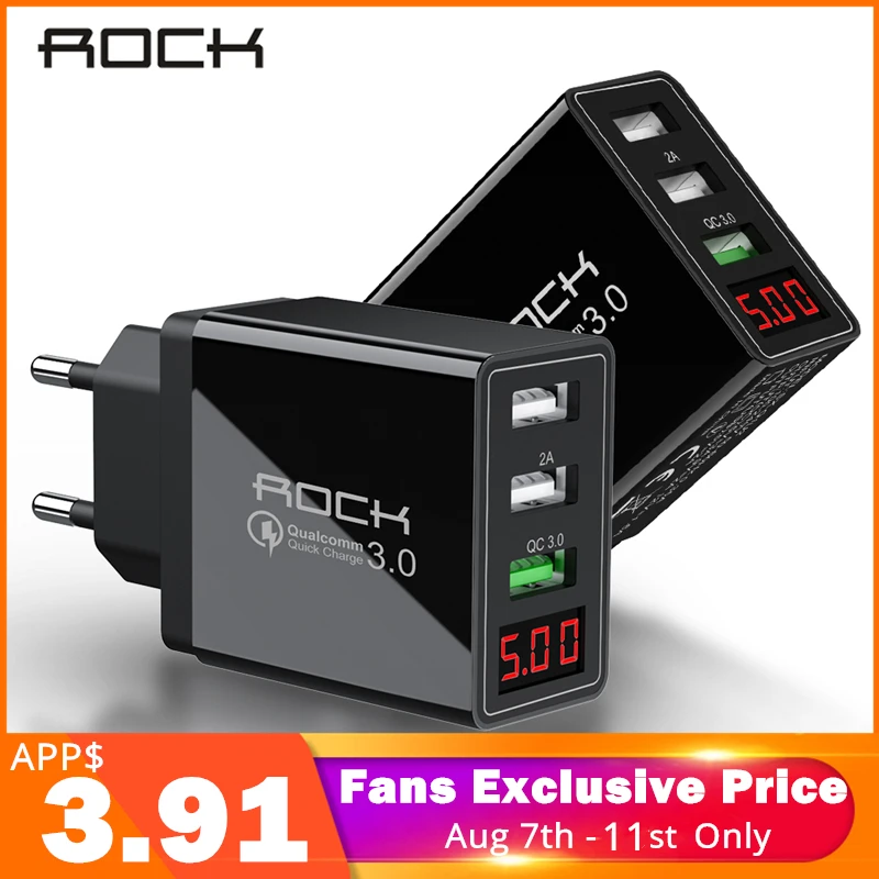 

ROCK LED Display QC 3.0 3A 3 USB Phone Charger Fast Charging For iPhone Xiaomi Huawei P30 Pro Samsung Fast EU Wall Adapter Turbo
