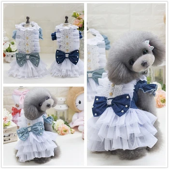 

Spring Pet Clothes British Style Jean Skirt Summer Small Dogs Denim Skirts with Bow Fancy Cute Puppies Dress for Doggies