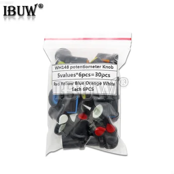 

30PCS/lot potentiometer knobs 15X17mm 6mm WH148 potentiometer B10K color knob cap Yellow Orange Blue White Red 5value*6PCS=30PCS