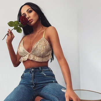 

Women's Sexy V Neck Sequined Sparkle Glitter Short Crop Tops Gold Vest Tank Bustier Bra Tee Tops Evening Party Clubwear