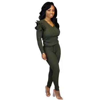 

Women V-Neck Ruffles Tops High Waist Pants Suit Casual Sexy Slim Two Piece Set Plus Size Bodycon Set Solid Outfits