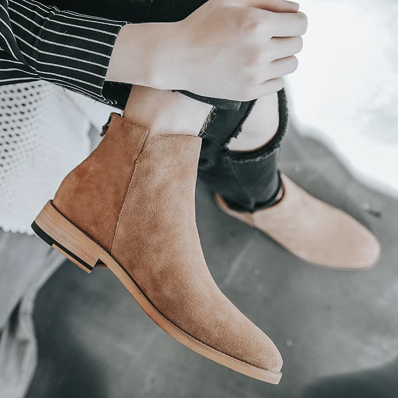 Men Chelsea Boots Men Shoes England Trend Casual Ankle Boots Zip Genuine Leather Male Wedding Dress Chelsea Boots