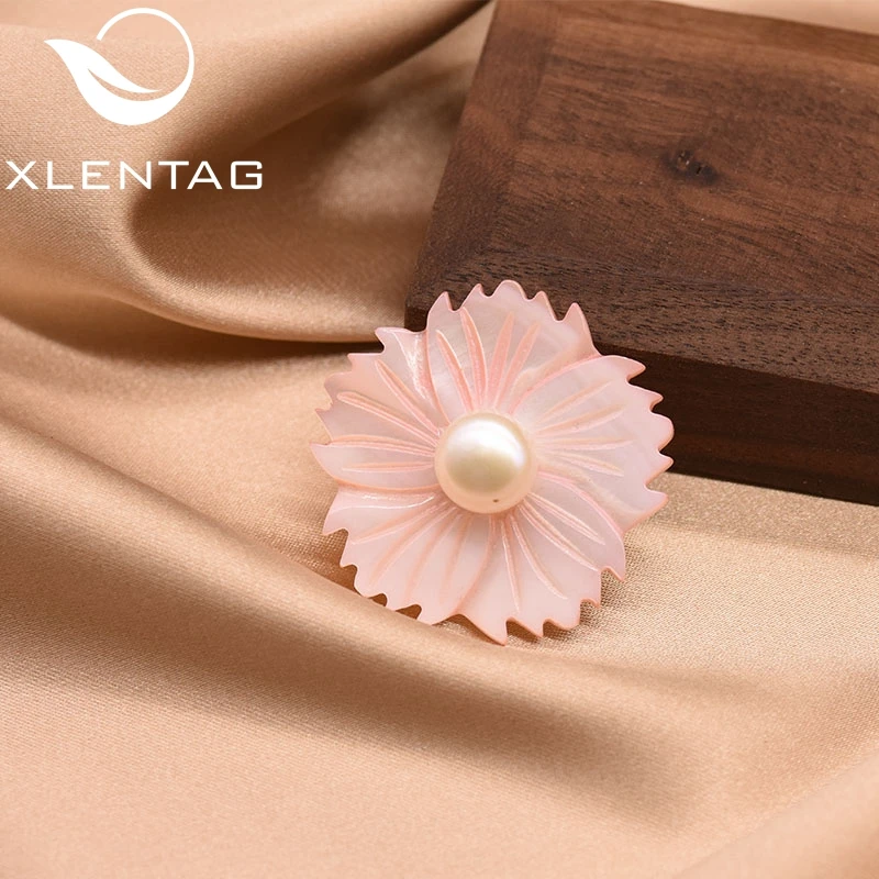 XlentAg Initial Pink Shell Flower Brooches Natural Pearls For Women Accessories Romantic Angle Pins Friend Luxury Jewrlry GO0351 | Украшения