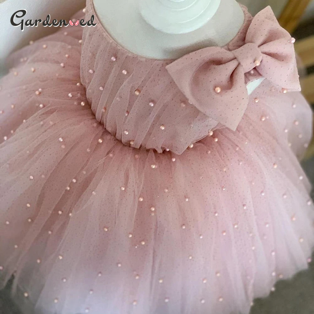 

Pearls Glitter Flower Girl Dresses Single Bow Shoulder Ball Gown Girl Wedding Party Dresses Girl Communion Dress Christmas