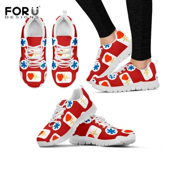 

FORUDESIGNS Nurse Hospital Sketch Pattern Ladies vulcanized Shoes Women Red Tops Lace Up ECG Nursing Flats Girls Sport Sneakers