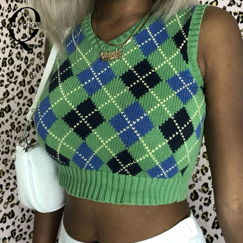 

QUEVOON Colorblocking Plaid Knitted Swetaer Vest Sleeveless V-Neck Female's Pullover Sweaters Casual Fashion Women Tops Winter