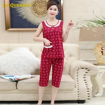

New Printing Pajamas Fashion Style Sleepwear Pjs Women Homesuit Homeclothes Fashion Style Sleeveless Capris Turn Down Collar
