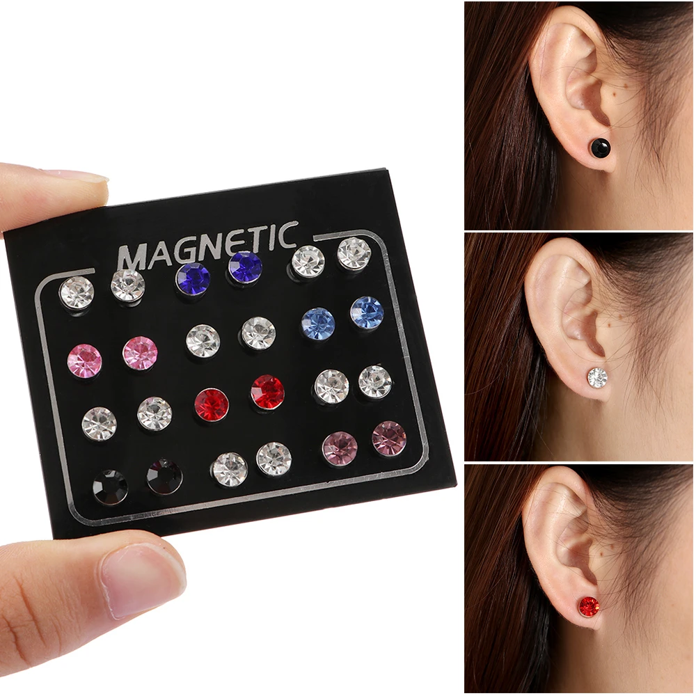 Pendientes de cristal de circonita de para mujer, aretes magnéticos perforados, Clips las orejas, doble redondo, 12 par/set|Aretes| AliExpress