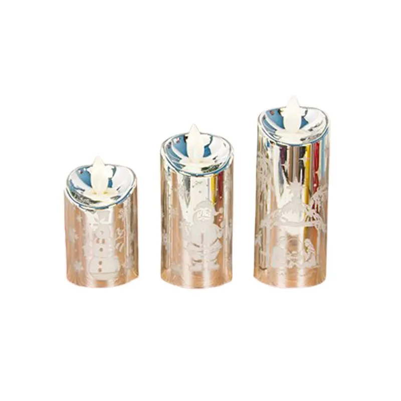 

HOT-1 Set 3 Pcs Christmas Candlestick Led Light Simulation Candle Wind Lights Small/Medium/Large Size Print Santa Snowman Table