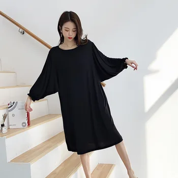 

New Modal Nightdress Female Loose Large Size Long Sleeves Can Be Worn Outside In Black Home Service Chemise De Nuit Femme