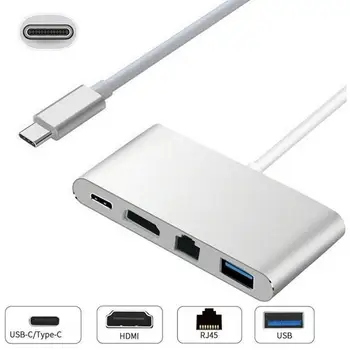 

4 in 1 Type-C to HDMI 4K+RJ45 Gigabit Ethernet USB 3.1 Type C HUB Adapter Splitter USB C For MacBook Pro HDTV