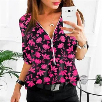

Autumn Large Size Top Women 2019 Casual V Neck plus size Shirt Front Zipper Blouse Loose Floral Print Tunic Shirt Camisa Feminin