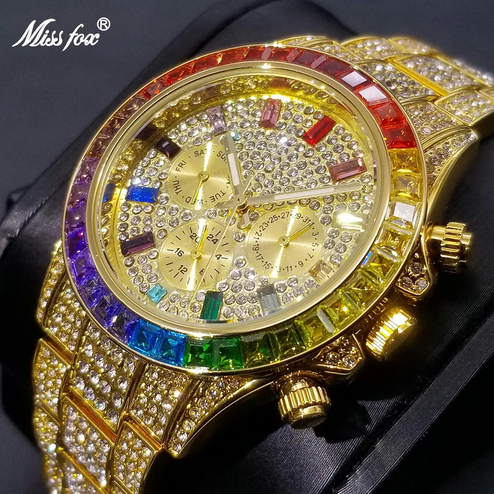 MISSFOX New Mens Watches Colorful Full Diamond Luxury Ice Out Calendar Quartz Watches Fashion Week Display Waterproof Clock 2021