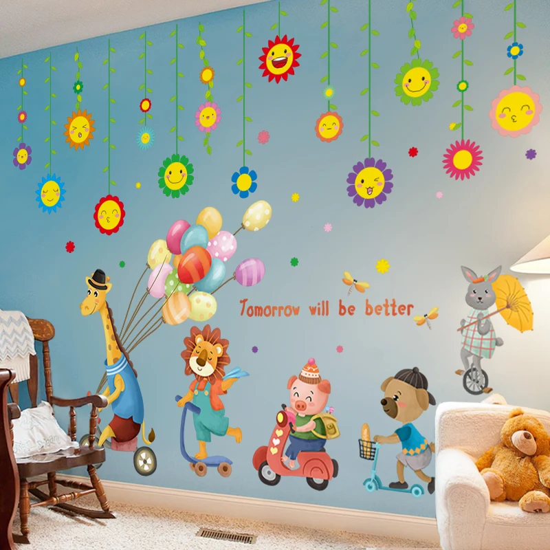 

[shijuekongjian] Cartoon Animals Balloons Wall Stickers DIY Flowers Mural Decals for Kids Rooms Baby Bedroom Home Decoration