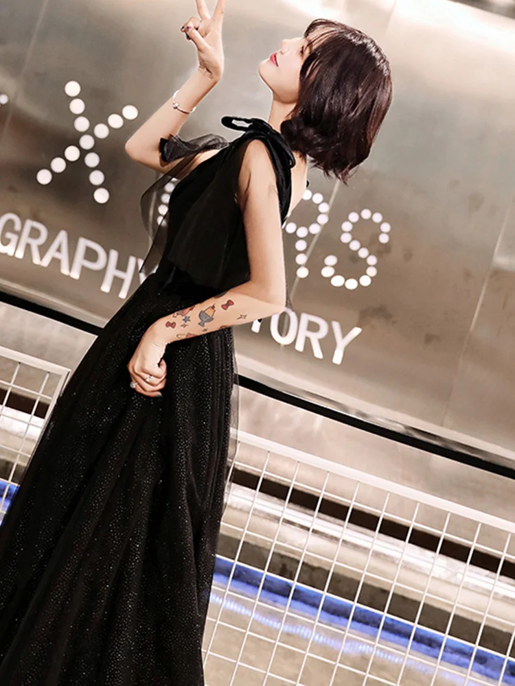 It's Yiya вечернее платье, без рукавов, с бантом, со шнуровкой, черные платья с блестками, элегантные платья трапециевидной формы с v-образным вырезом, длиной до пола, E1294