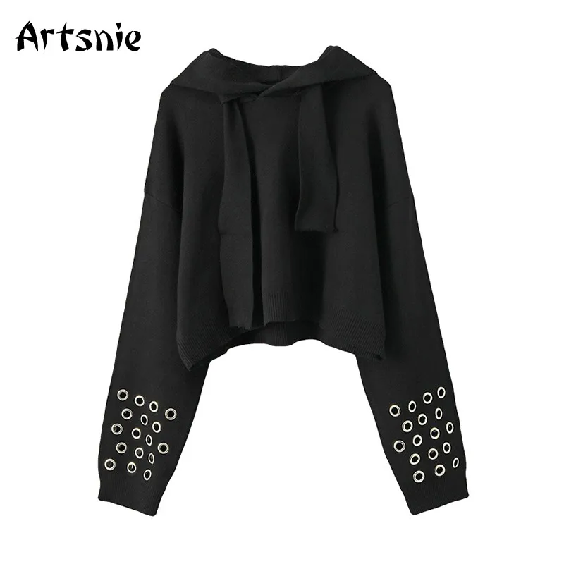 

Artsnie Streetwear Casual Button Sweatshirt Women Winter Hooded Drop Shoulder Knitted Hoodies Warm Crop Sweatshirts Female