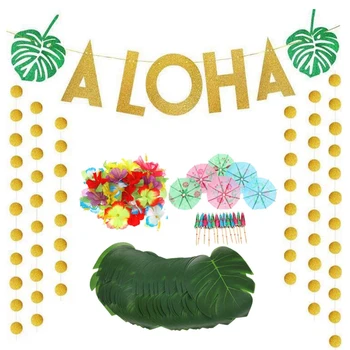 

189 PCS Hawaiian Tropical Theme Party Decorations Set Includes Gold Glitter Aloha Banner Mixed Color Paper Umbrellas Tropical Pa