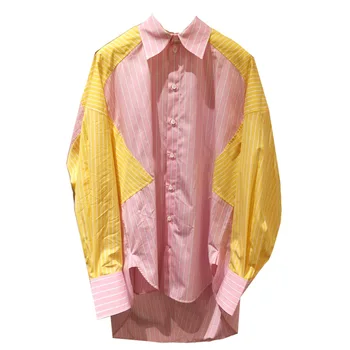 

LANMREM 2020 new summer and autumn fashion loose turn-down collar batwing sleeves striped contrast colors shirt blouse YG97511L
