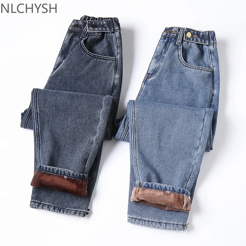 Winter Thick Fleece Warm Loose mom harem pants Jeans Women High waist casual streetwear female blue denim pants Plus size 5XL miss me jeans