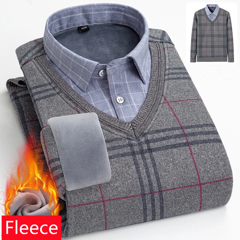 

Men Plus Velvet Thick Fake Two Sweaters Business Fashion Regular Fit Large Size Fleece Warm Pullover Male Classic Brand Knit Top