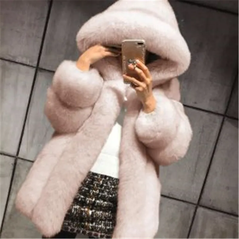Umeko Новая Элегантная шуба из искусственного лисьего меха женская зимняя мода средней длины искусственный Лисий мех пальто женское теплое пальто из искусственного лисьего меха - Цвет: Розовый