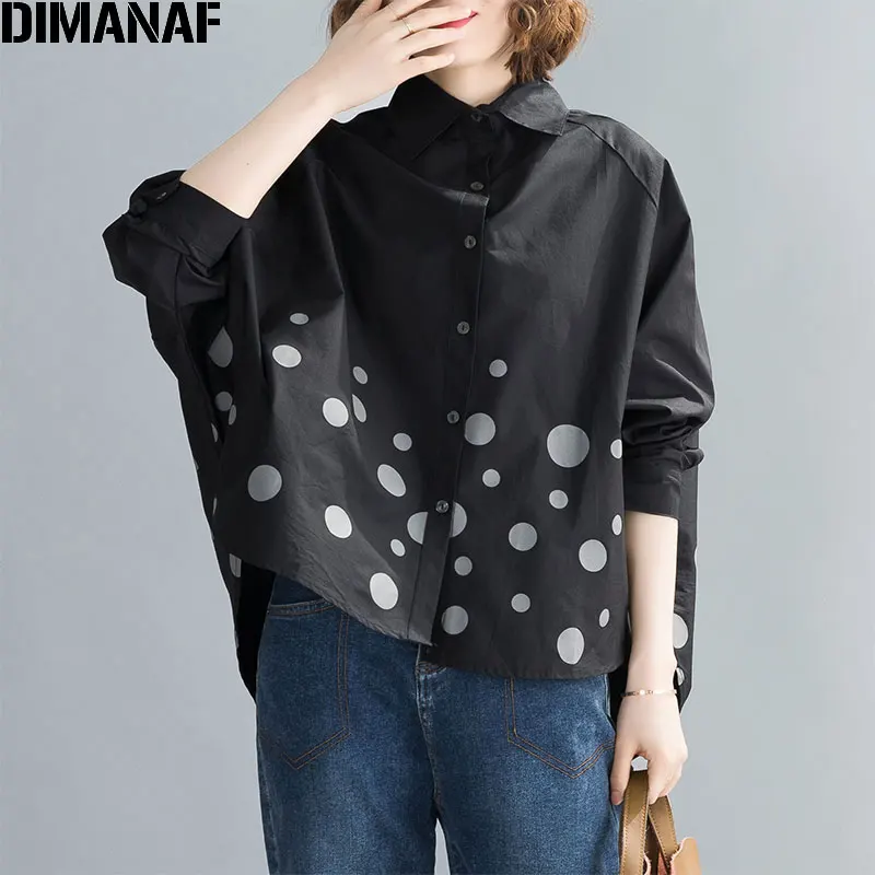 DIMANAF 2021 Autumn Women Shirts Lady Tops Loose Long Sleeve Casual Print Polka Dot Batwing Black Cardigan Clothing | Женская одежда