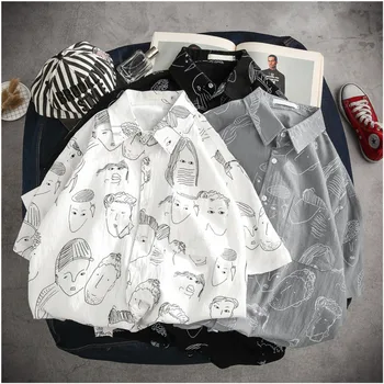 

Men's shirt new summer 2019 slim figure head print short-sleeved shirt loose casual lapel personality young men's wear