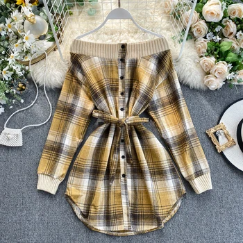 

Women Retro Slash Neck Stitching Row Button Slim Mini A-line Dress Lady Plaid Long Sleeve Vestidos L101
