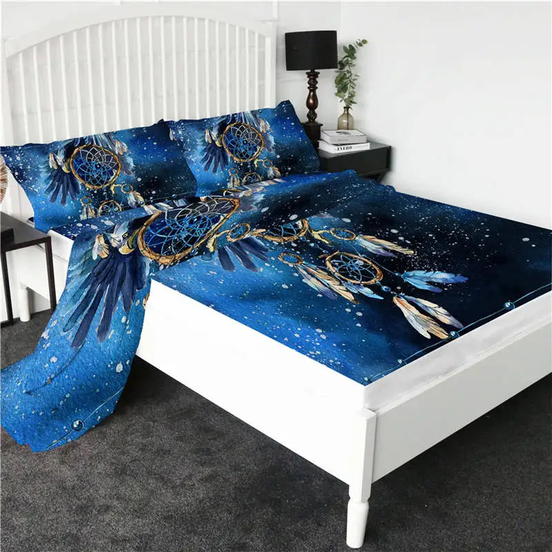 Blue dreamcatcher Постельные принадлежности Outlet 3D печатные простыни 4 шт микрофибра лист набор Единорог не выцветает покрывала мягкая плоская простыня - Цвет: Blue dreamcatcher