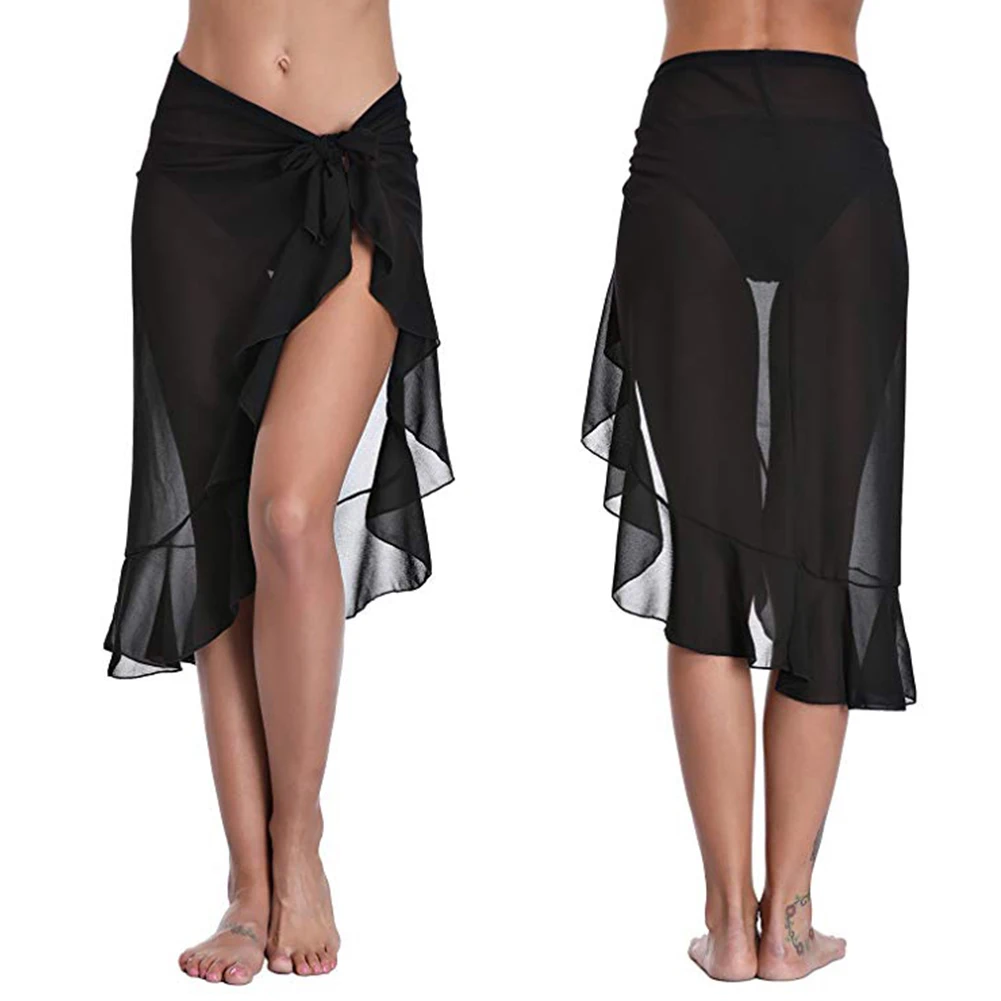 

Cover Up Beachwear Ruffle Wrap Dress Skirt Summer Pool Swimsuit Solid Women Beach Sarong Holiday Polyester Swimwear