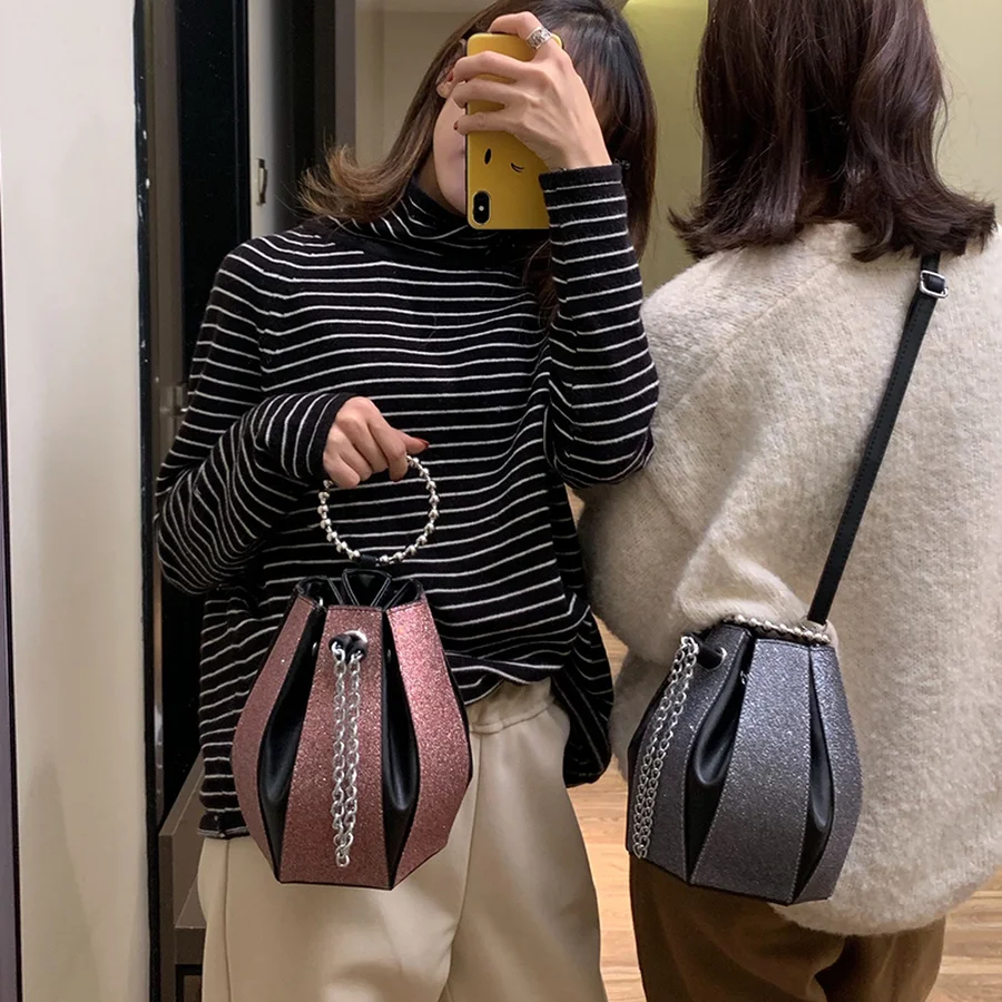 

Sequine Chain Ring Handle Handbag Stitching Color Bucket Design Pu Shoulder Bag Women Totes Crossbody Messenger Bag Female Bolsa
