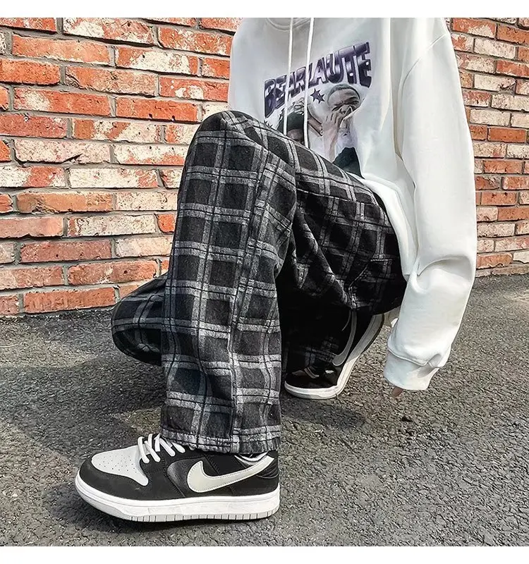ICCLEK Men's Jeans 2021 Fall Men's Casual Pants Loose Straight Pants Fashion Plaid Casual Pants Mens Jeans  Patchwork Jeans