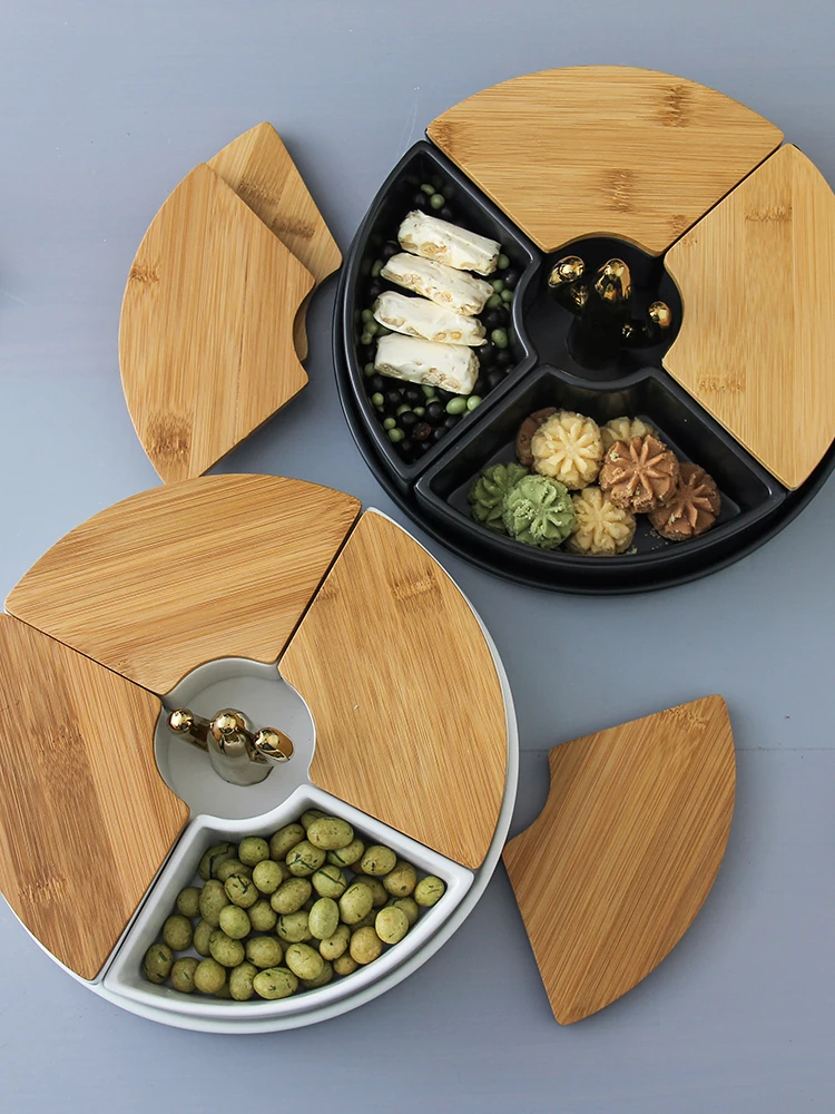 

Ceramic Conbination Fruit Plates with Bamboo Cover Desktop Jewelry Storage Box Candy Boxes Snack Boxs storage organizer
