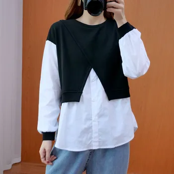 

Oversized Women Casual Blouses Shirts New Arrival 2020 Autumn Simple Style Patchwork Color Loose Female Long Sleeve Tops S2413