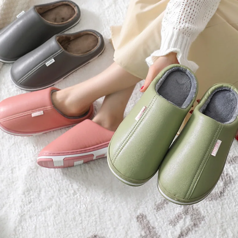 Waterproof Non-Slip Winter Men Women Home Slippers Warm Fur Cotton House Slippers Clogs Indoor Floor Memory Foam Couples Shoes