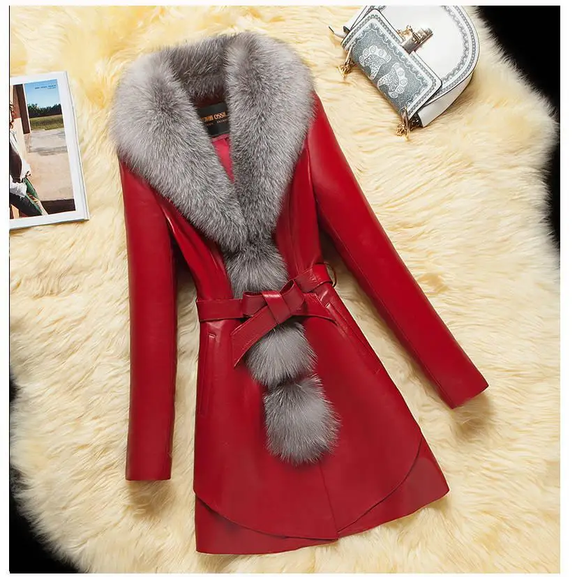 Женская кожаная куртка для зимы, новинка, плюс бархат, теплый тонкий большой меховой воротник, длинное кожаное пальто, женская верхняя одежда - Цвет: Красный