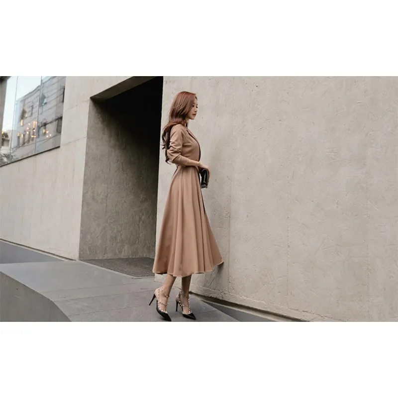 

2019 New Fall Women Elegant Long Sleeve A-Line Dress Casual Sashes V-Neck Work Dress Empire Patry High Waist Midi Dress