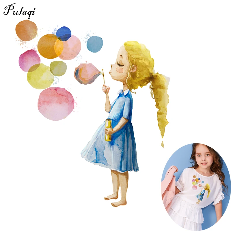 

Pulaqi Vinyl Bubbles Girl Stripe Iron On Transfer Patches For Clothes Thermal Watercolor Heat Transfer for Clothing Stickers DIY